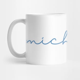 michigan blue cursive script Mug